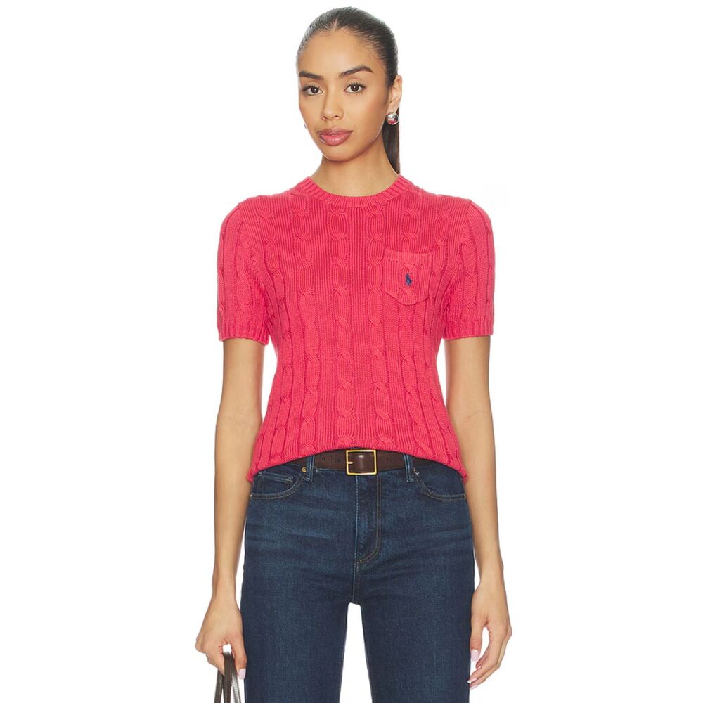 Polo Ralph Lauren Cable Knit Sweater Top Short Sleeve Size L/XL Pink NWT Preppy